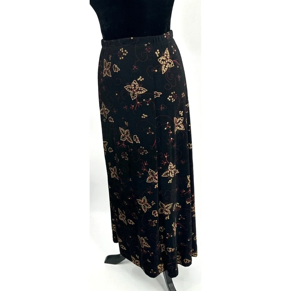 Christopher & Banks Womens Top Skirt Set Large Black Metallic Floral Travel Knit_11